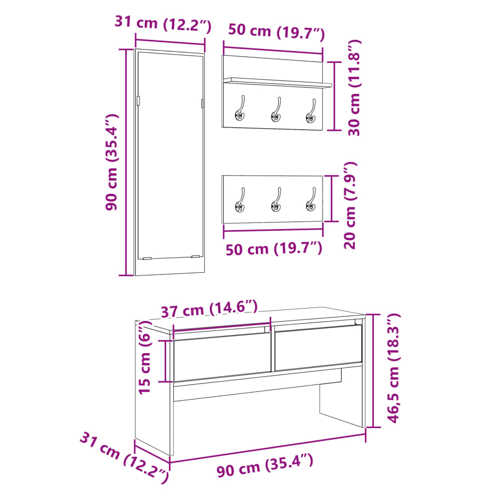 4 Piece Hallway Furniture Set Smoked Oak Engineered Wood