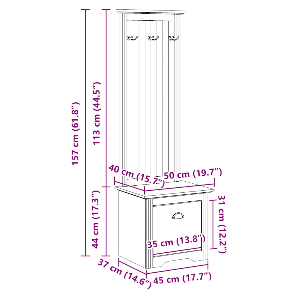 Hallway Cabinet with Hooks BODO White 50x40x157 cm