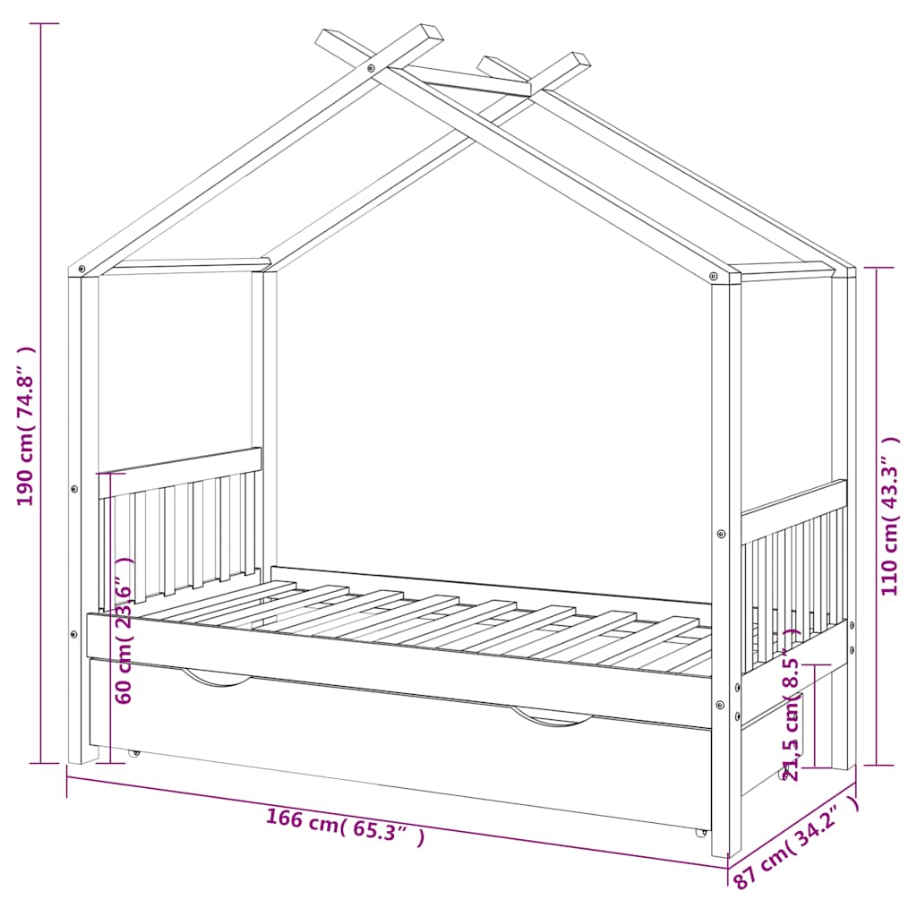 Kids Bed Frame with a Drawer White Solid Pine Wood 80x160 cm